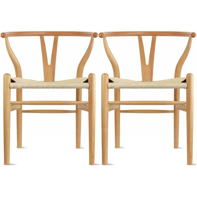 Set of 2 Wood Dining Chairs with Woven Rope Seat