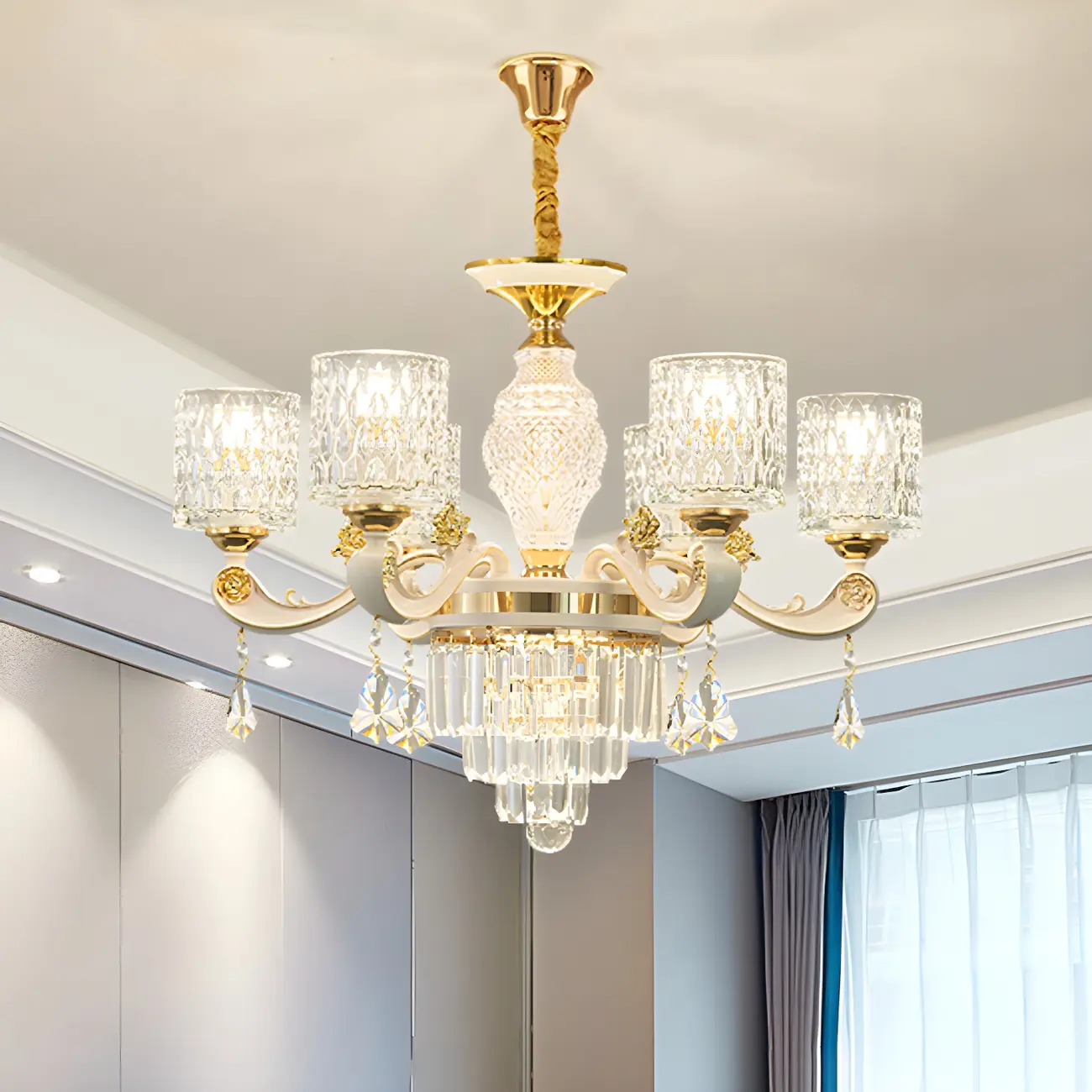 White Gold Cylinder Ripple Glass Chandelier with Crystal