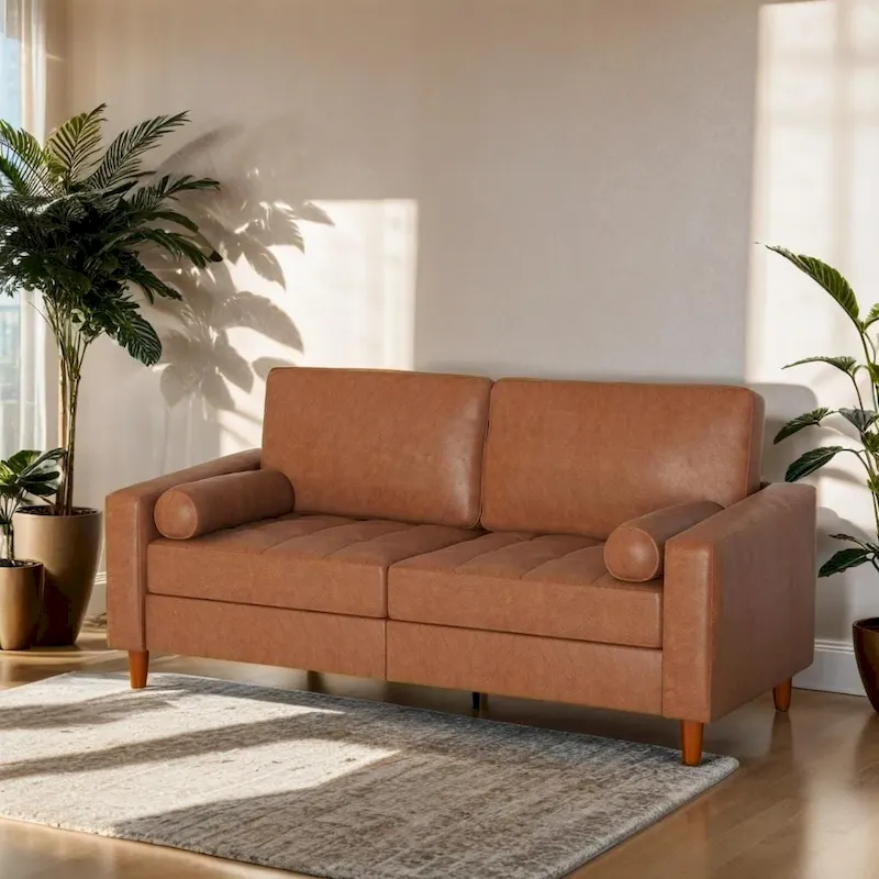 Mid-Century Leather Couch with Hand-Stitched Comfort Cushion and Bolster Pillows
