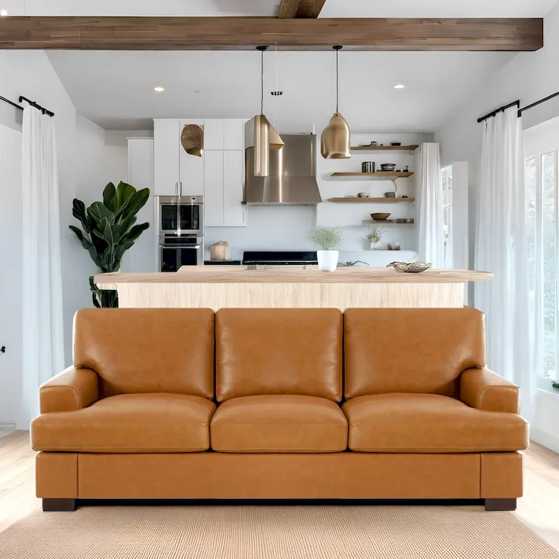 Genuine Leather Square Arm Sofa, Tan, Goose Feather Cushions, Block Legs, Seats 3