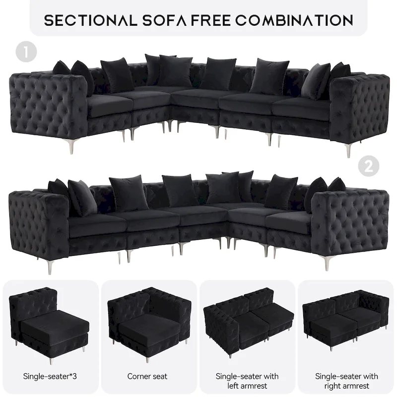 Large L-Shaped Modular Sofa, 6-Seat Velvet Sectional Couch
