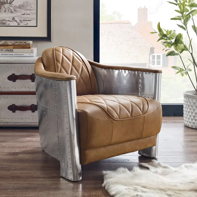 Art Leon IndustrIal Retro Top Grain Leather & Aluminum Accent Chair