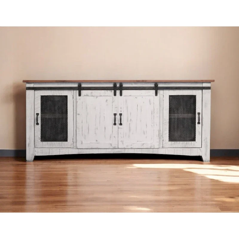 HomeRoots 79 White Solid Wood Cabinet Enclosed Storage Distressed TV Stand - 78.75' X '34.75' X '19