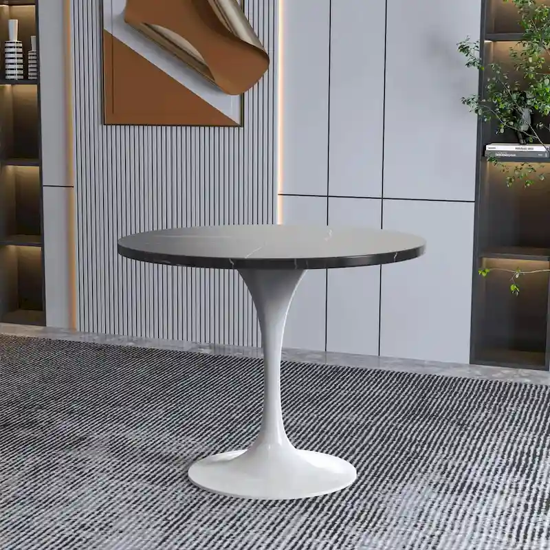 Verve Dining Table with a 36  Round Tabletop in White Steel Pedestal