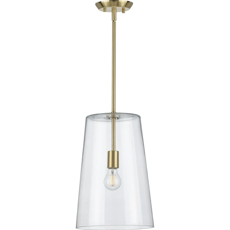 Clarion Collection One-Light Satin Brass Clear Glass Coastal Pendant Light - 10.5 in x 10.5 in x 15.875 in