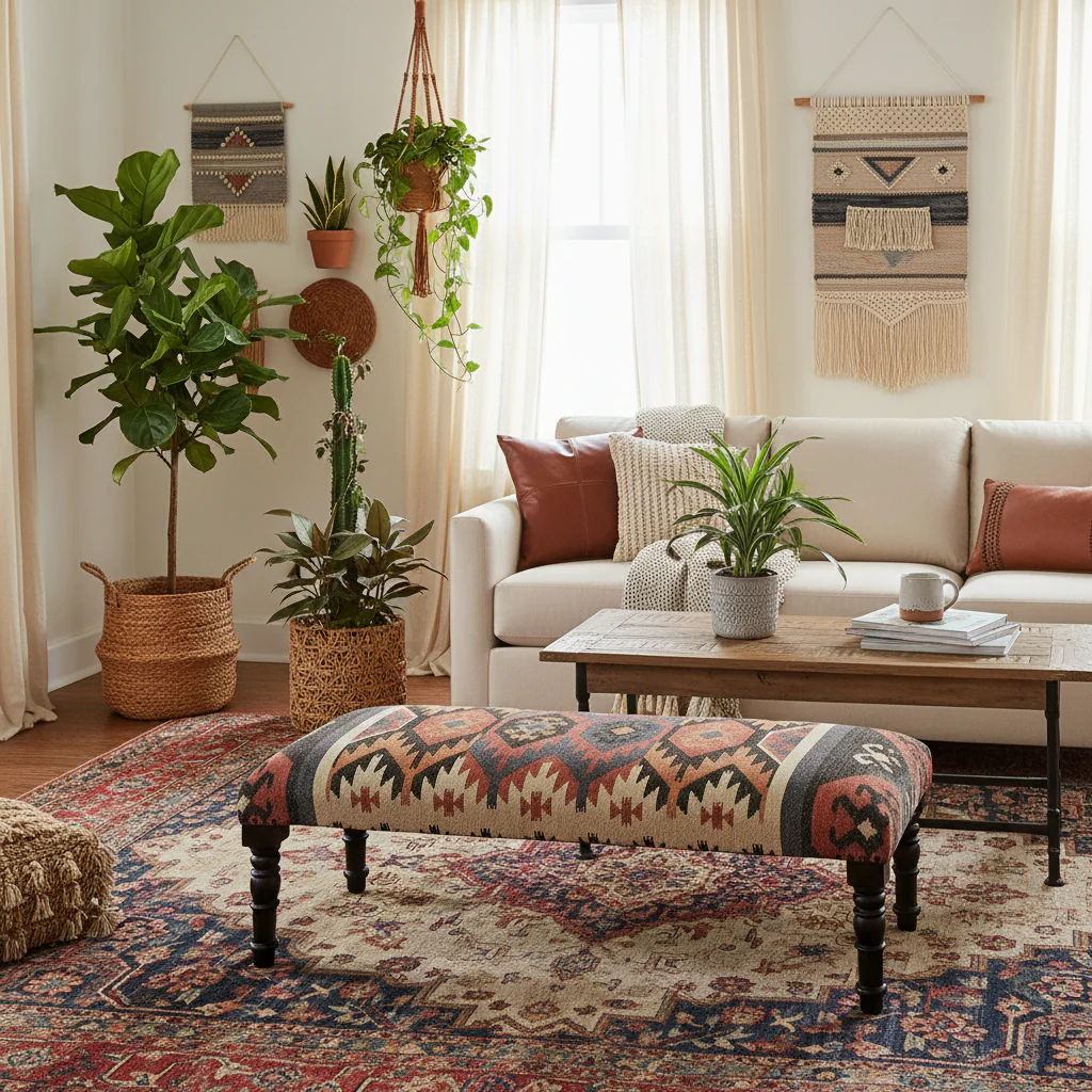 47 Beige Brown and Rust and Black Jute and Wool Blend Upholstered Southwest Distressed Bench - 47 x 18 x 16