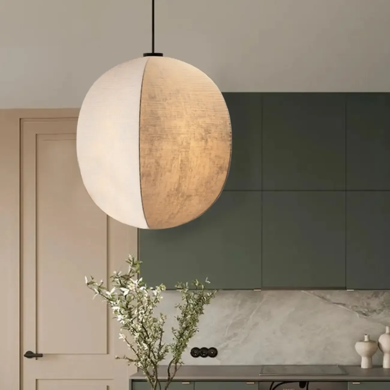 Modern Beige Fabric Geometric Pendant Light Adjustable Height