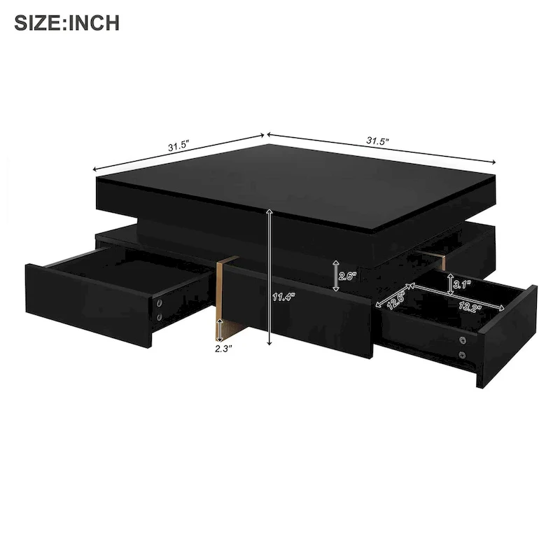 High Gloss Coffee Table with 4 Drawers - 2-Tier