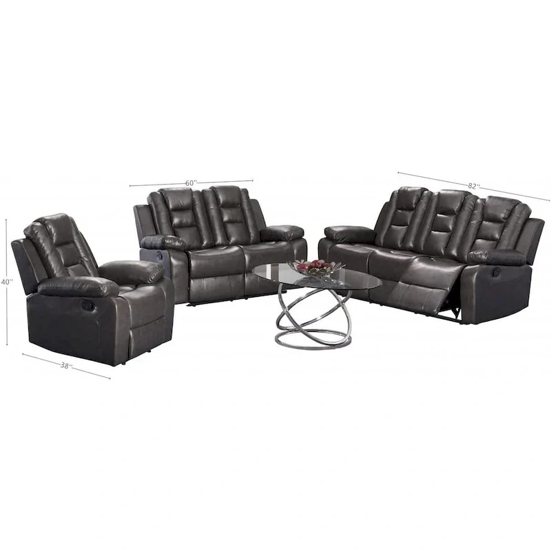 Grey PU Leather 3/2-piece Sofa, Loveseat and Recliner Living Room Set