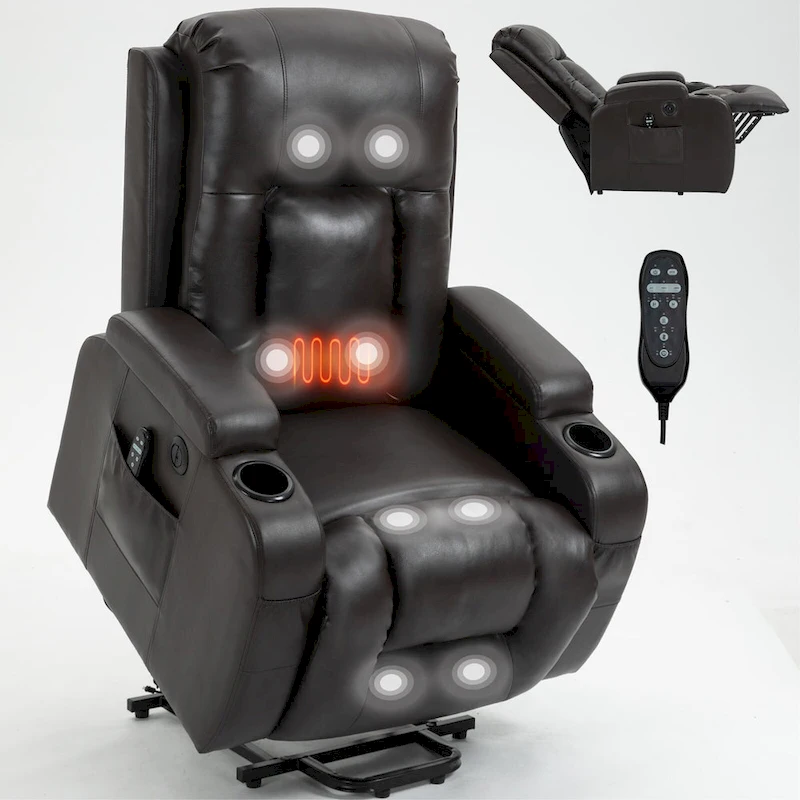 Infinite Position Power Lift Recliner with Massage and Heat, Dual USB Ports, Cup Holders, Side Pockets, Ideal for Seniors
