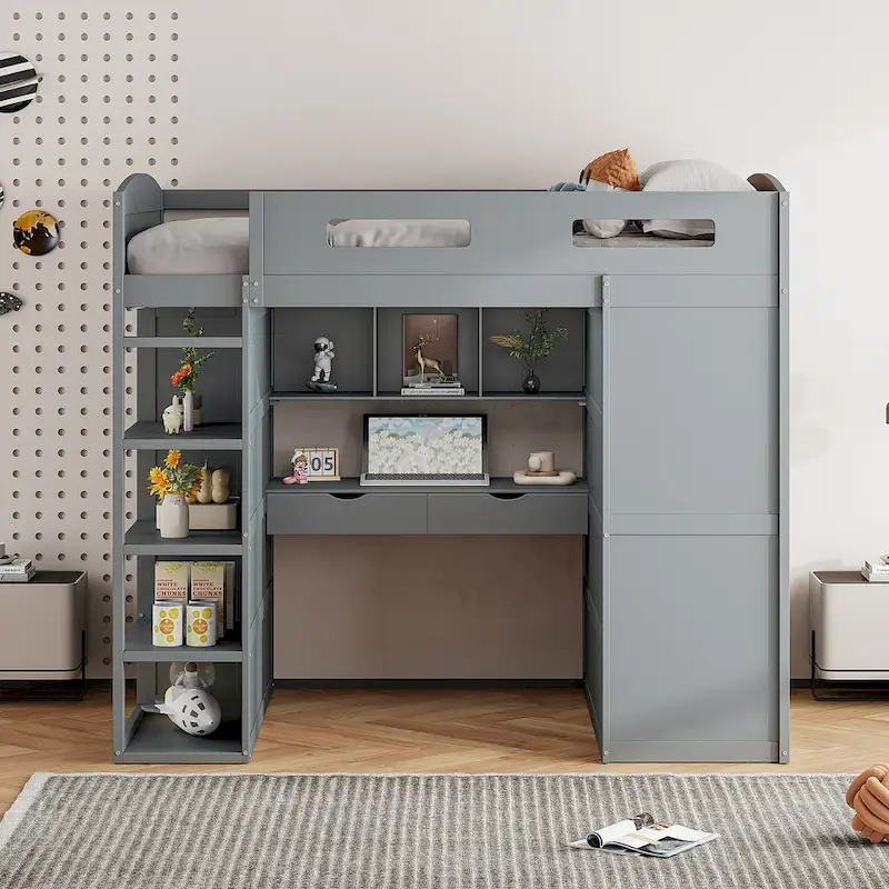 Merax Loft Bed with Desk, Wardrobes, 4 Drawers and 4 Shelves