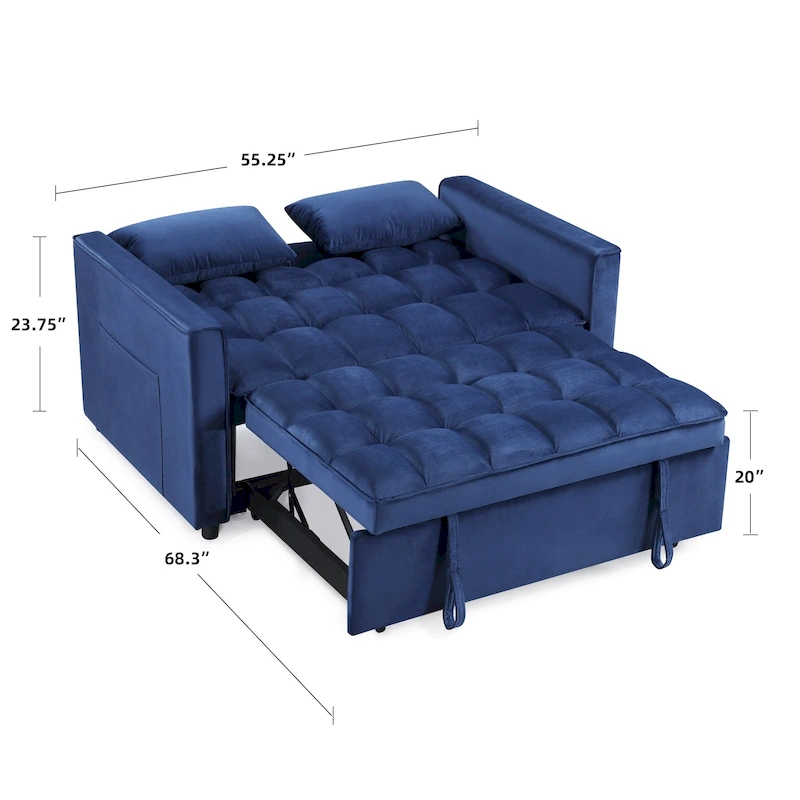 Classic 55 Width Pull Out Tufted Convertible Loveseat Sleeper Sofa Bed - 55W x 68L x 20H