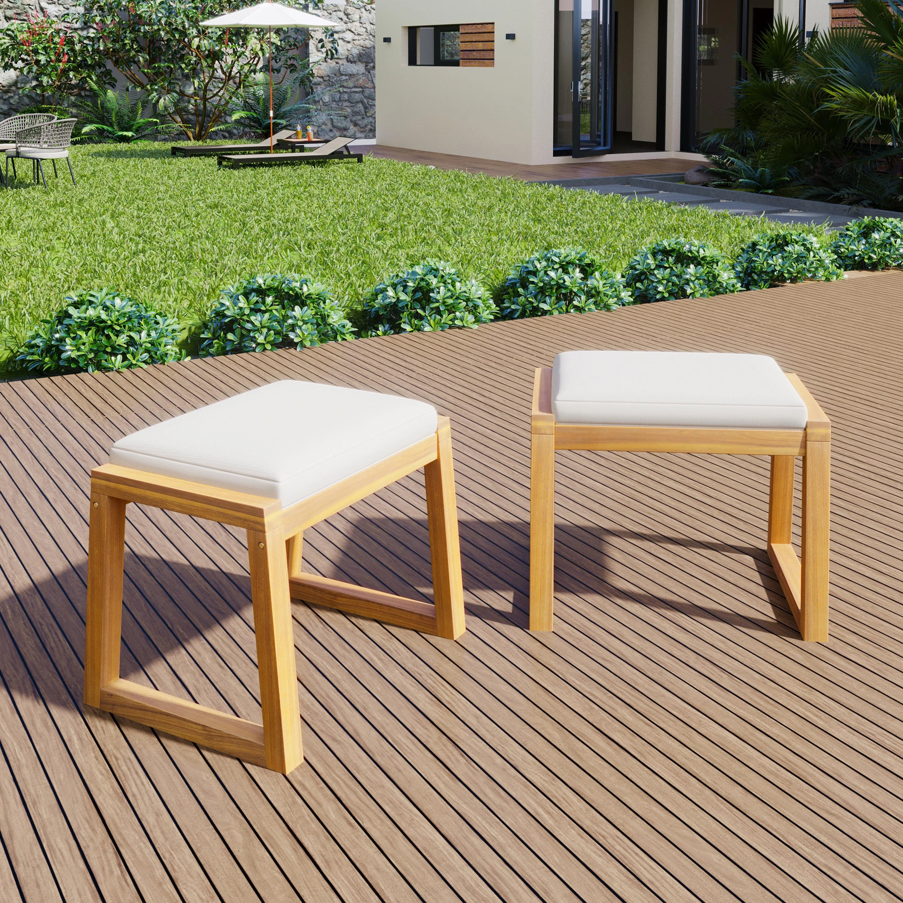 Modern Outdoor Patio Dining Stool Bench with Cushions, Set of 2