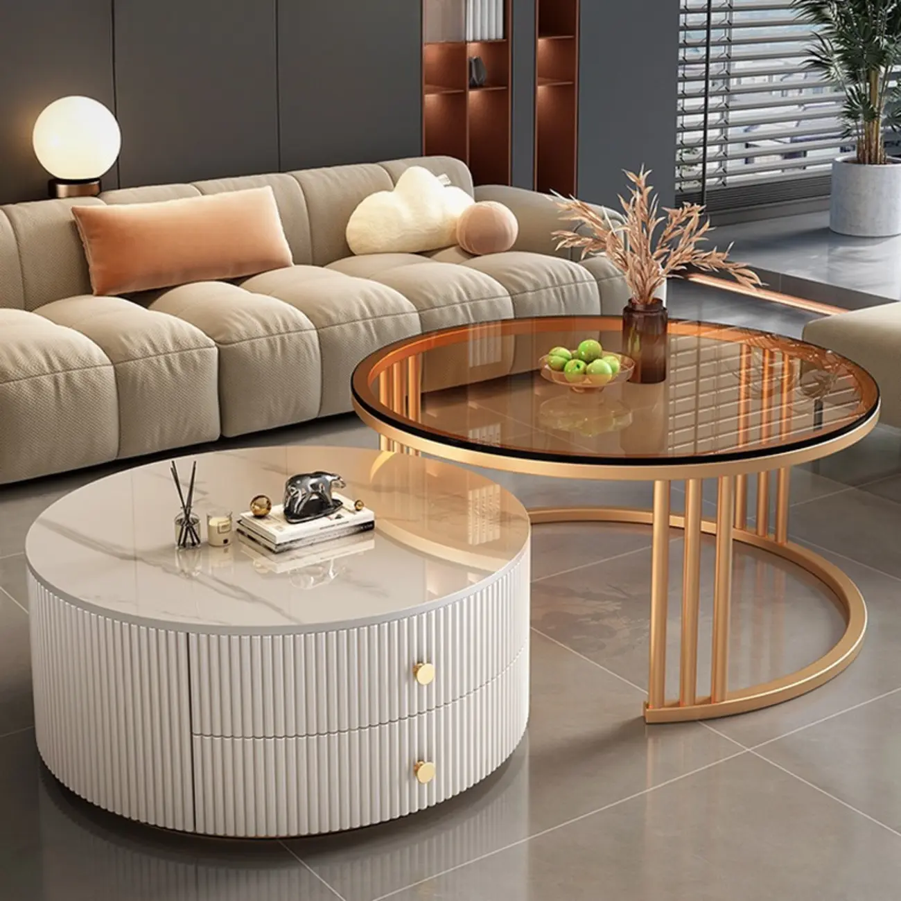 Modern White Round Nesting Coffee Table Set with Steel Base