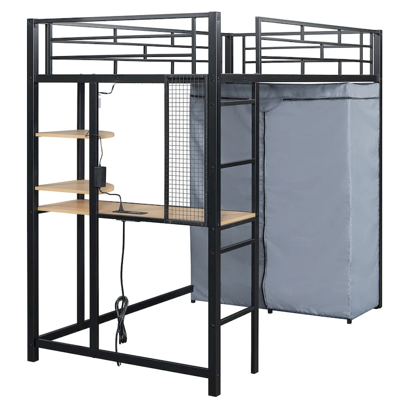 Twin Metal Loft Bed with Built-in Desk, Wardrobe & Power Outlet - 350LB Capacity