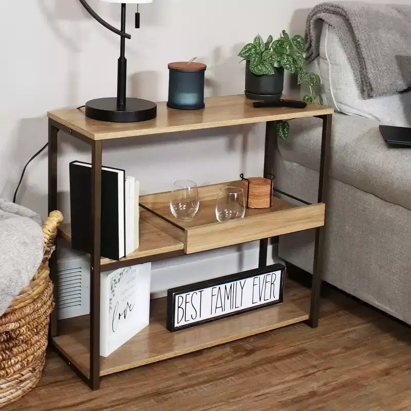 Sunnydaze Industrial-Style, 3-Shelf Sofa Table with Removable Serving Tray - Brown - 28.25 in