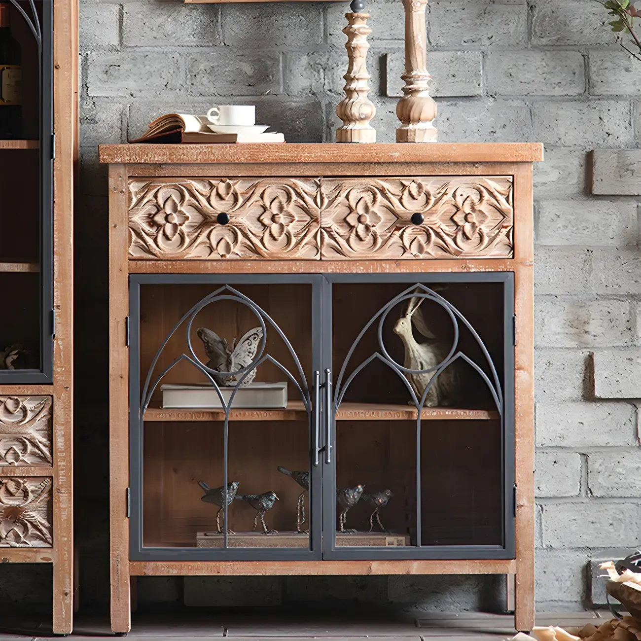Classic 2-Drawer Brown Medium Wood Glass China Cabinet
