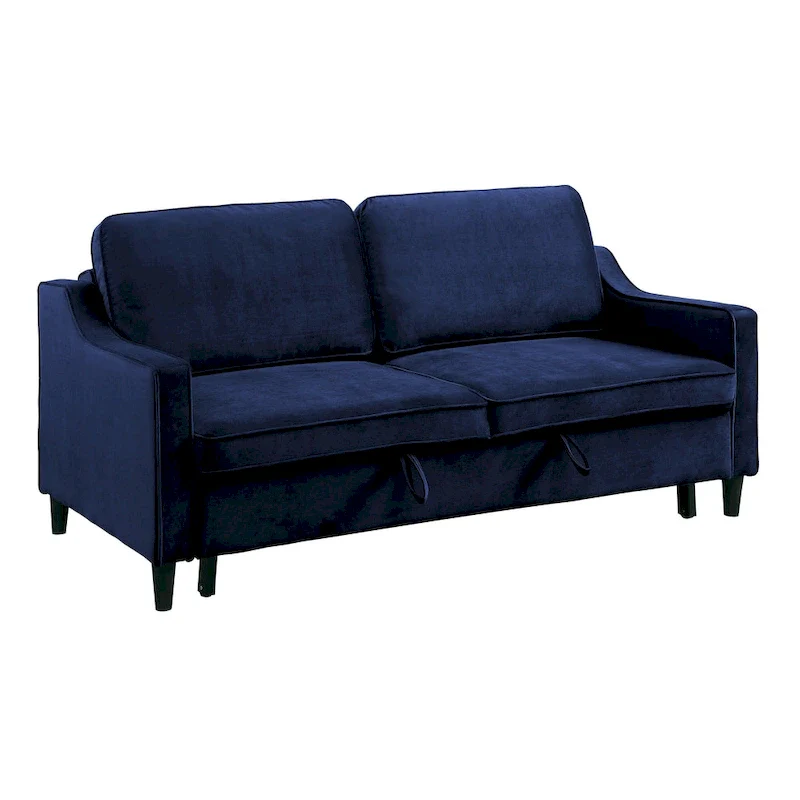 Katy 72 Inch Sleeper Sofa, Convertible Pull Out Bed, Solid Wood Blue Velvet
