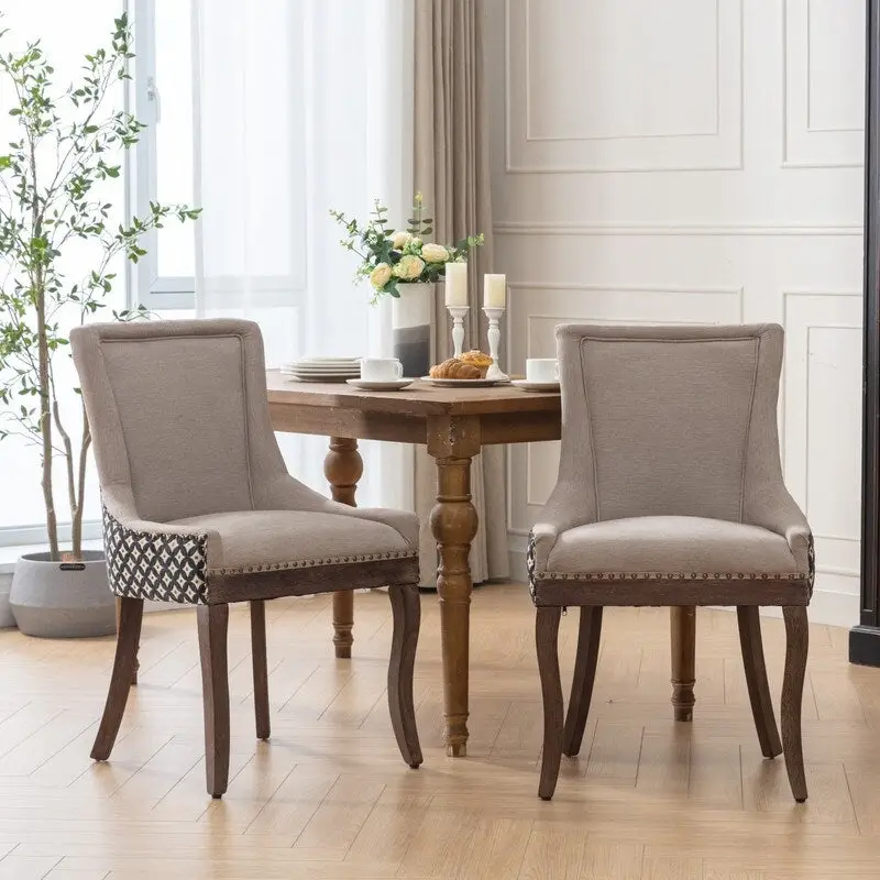 Thickened Fabric Dining Chair with solid wood legs, Set of 2