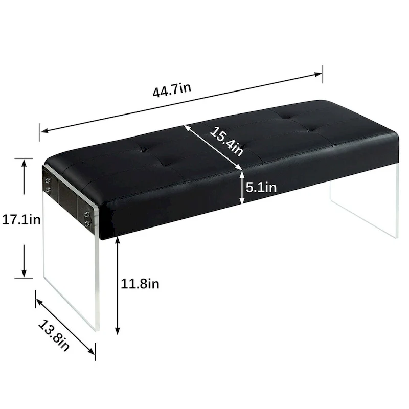 Upholstered Entryway Bench, Faux Leather Bedroom/Living Room Bench, Acrylic Base 44.7-inch