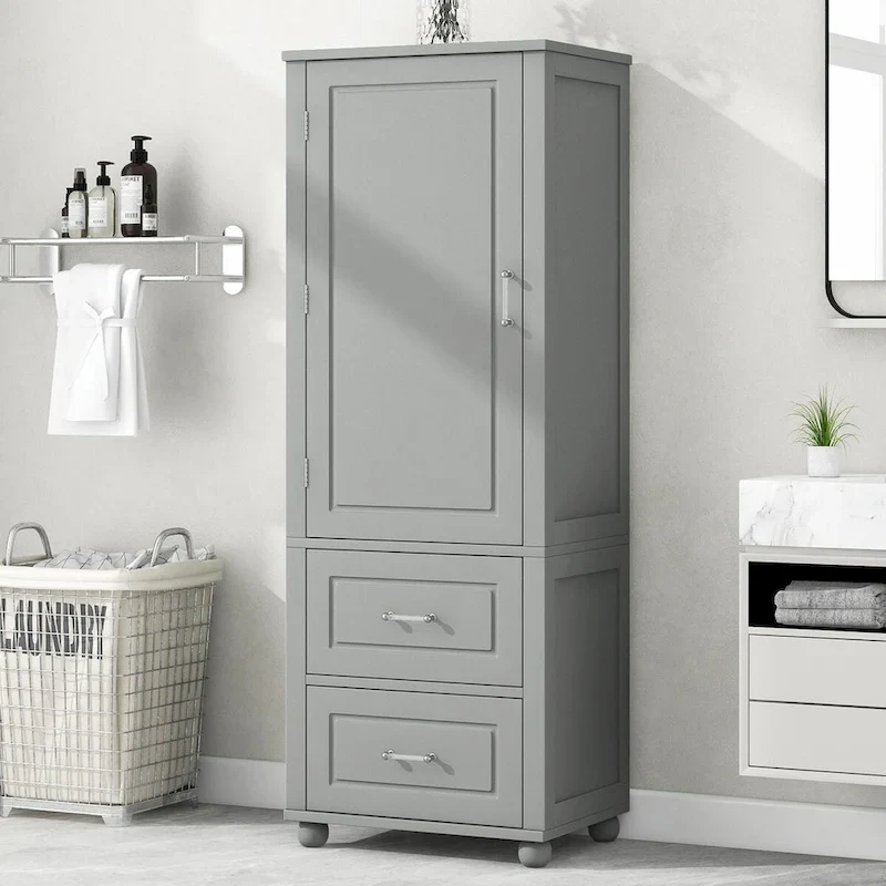 Tall Freestanding Bathroom Storage Cabinet with Two Drawers and Adjustable Shelf