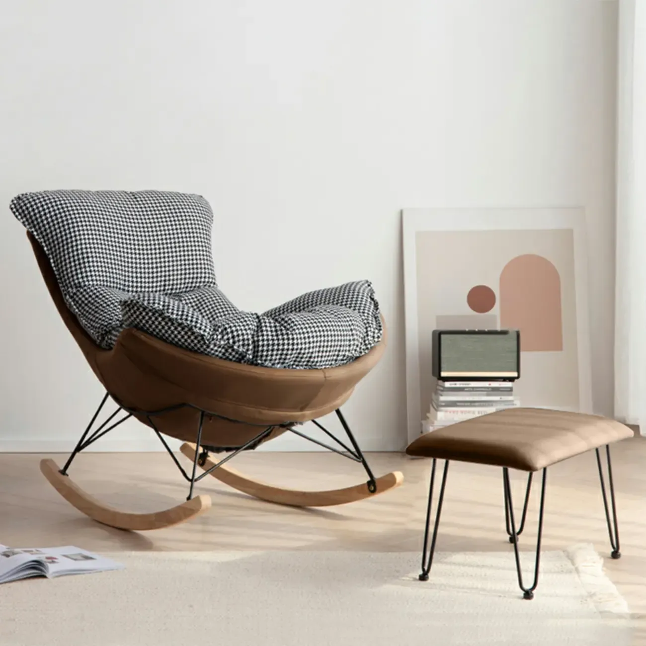 Mid Century Modern Upholstered Rocking Chair with Ottoman