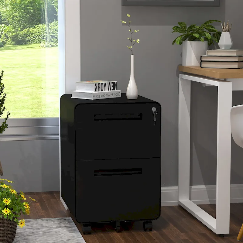 Black / White 2-Drawer Rolling Locking Steel File Cabinet – Single Unit