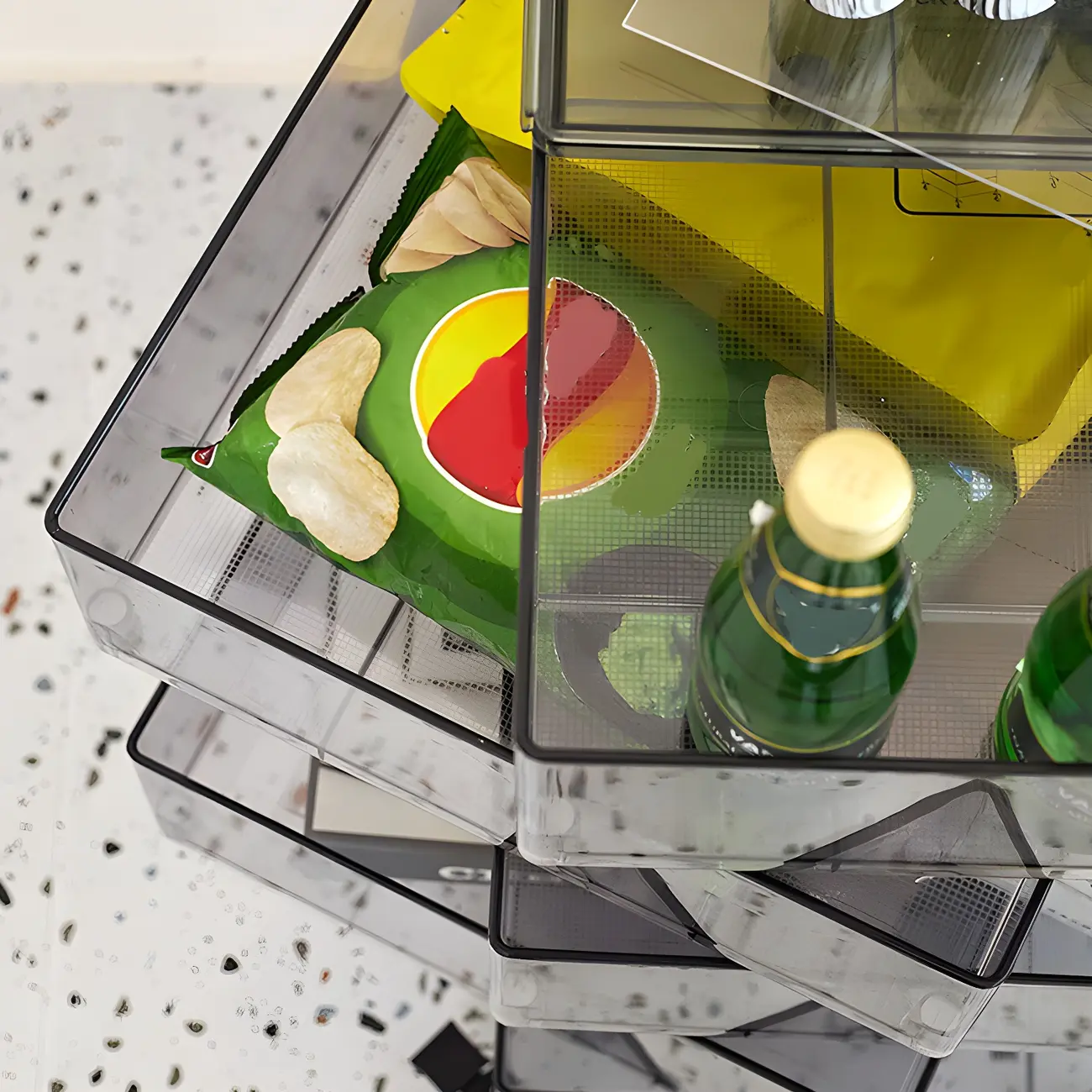 Vibrant Yellow Transparent Nightstand with Drawers and Wheels