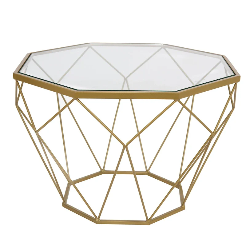 Modern Octagon Coffee Table - 21.5 Tempered Glass Top, Gold Geometric Metal Base, Multi-Use
