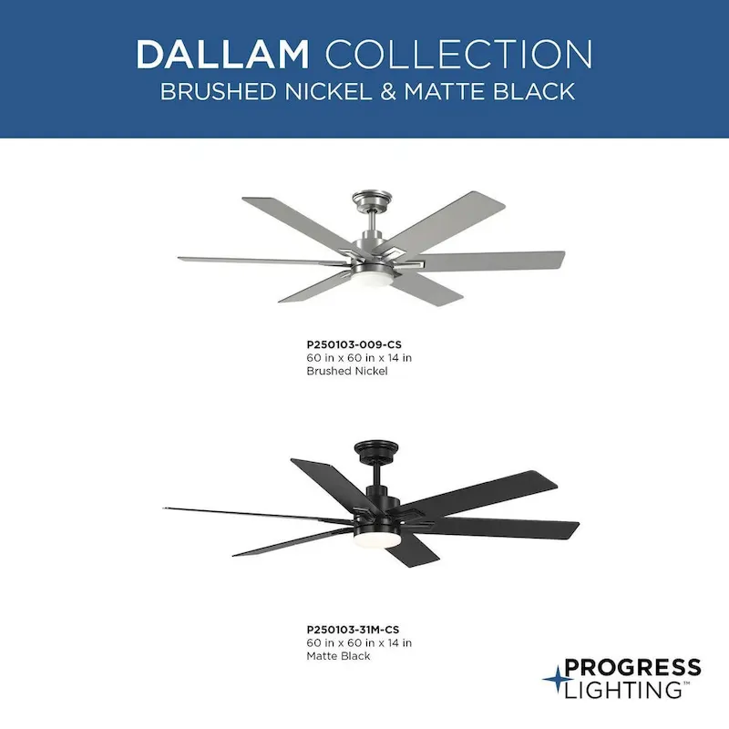 Dallam Collection 60 in. Six-Blade Brushed Nickel Transitional Ceiling Fan with Integrated CCT-LED Light - 60 in x 60 in x 14 in