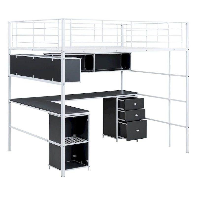Metal Loft Bed with Bookcase, Desk and Cabinet