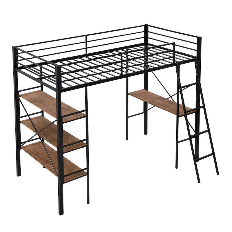 Black Twin Metal Loft Bed with Desk & Shelves
