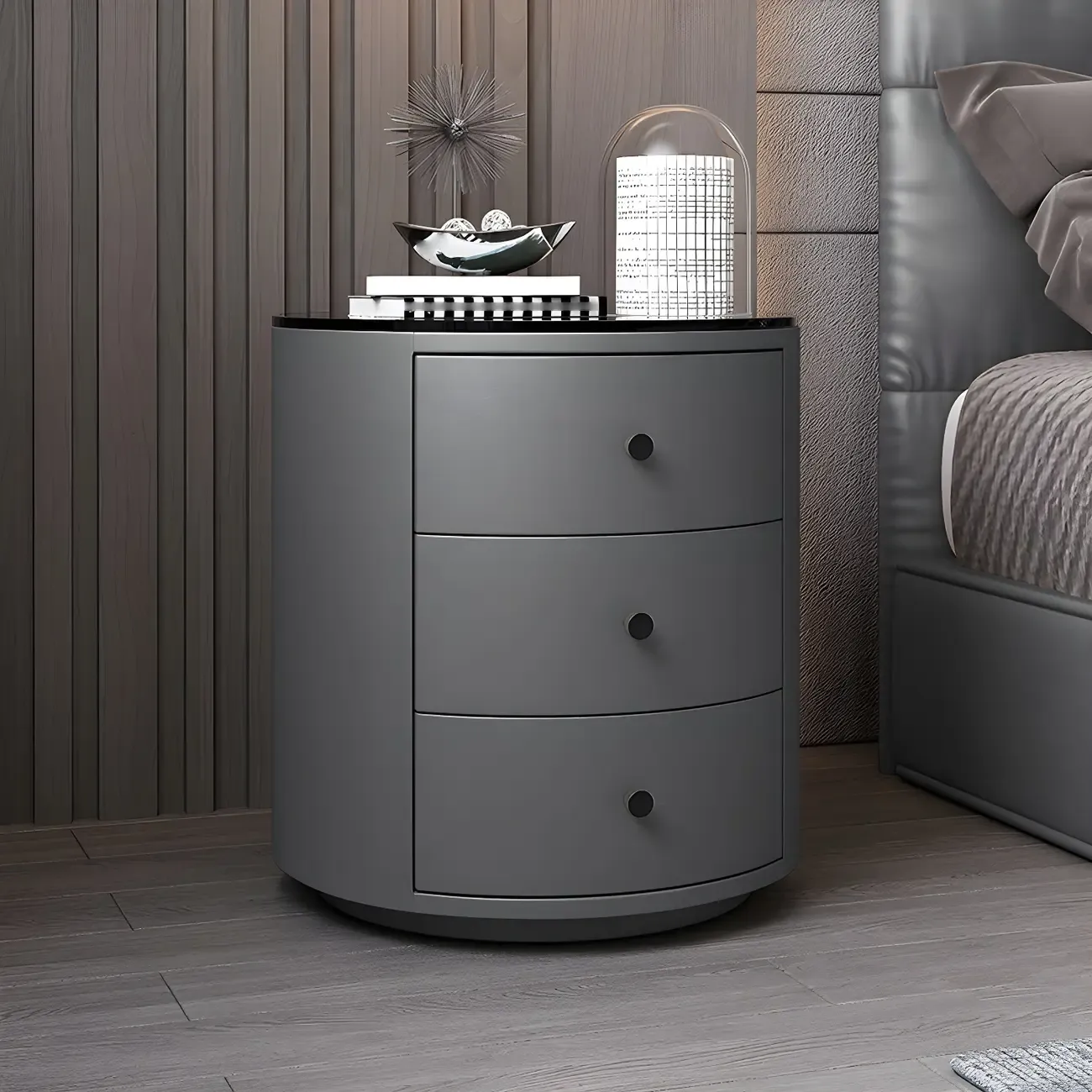 Modern Faux Leather Round Bedside Table with Two Drawers in Grey
