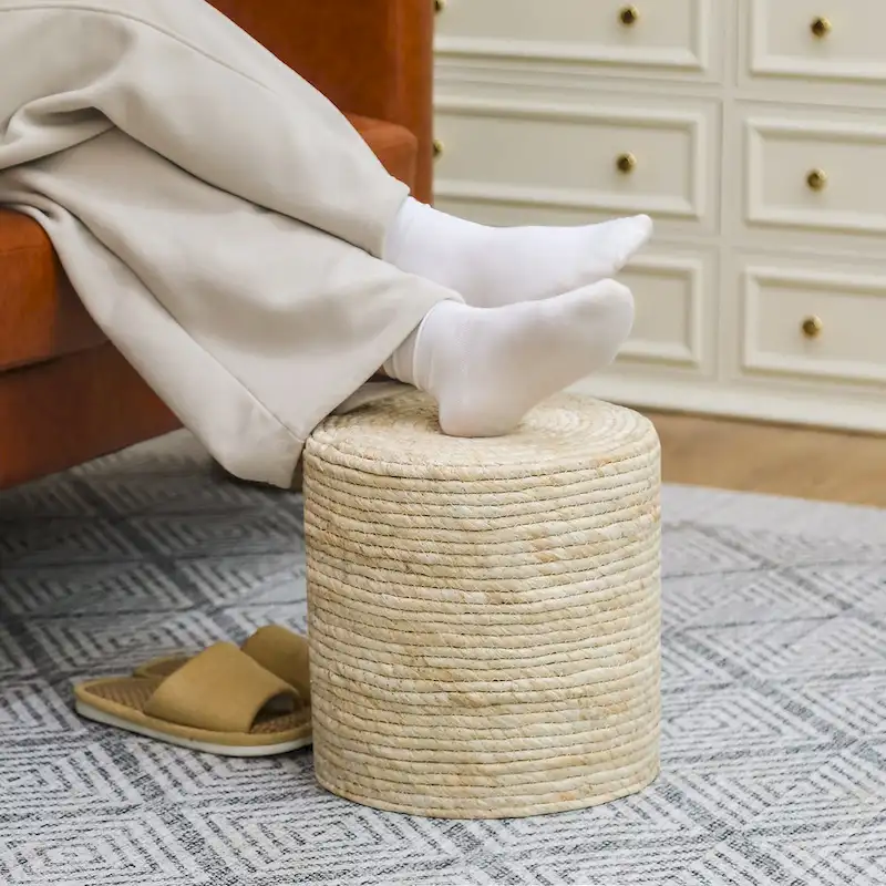 Adeco Round Ottoman Natural Cattail Hand Weave Foot Stool