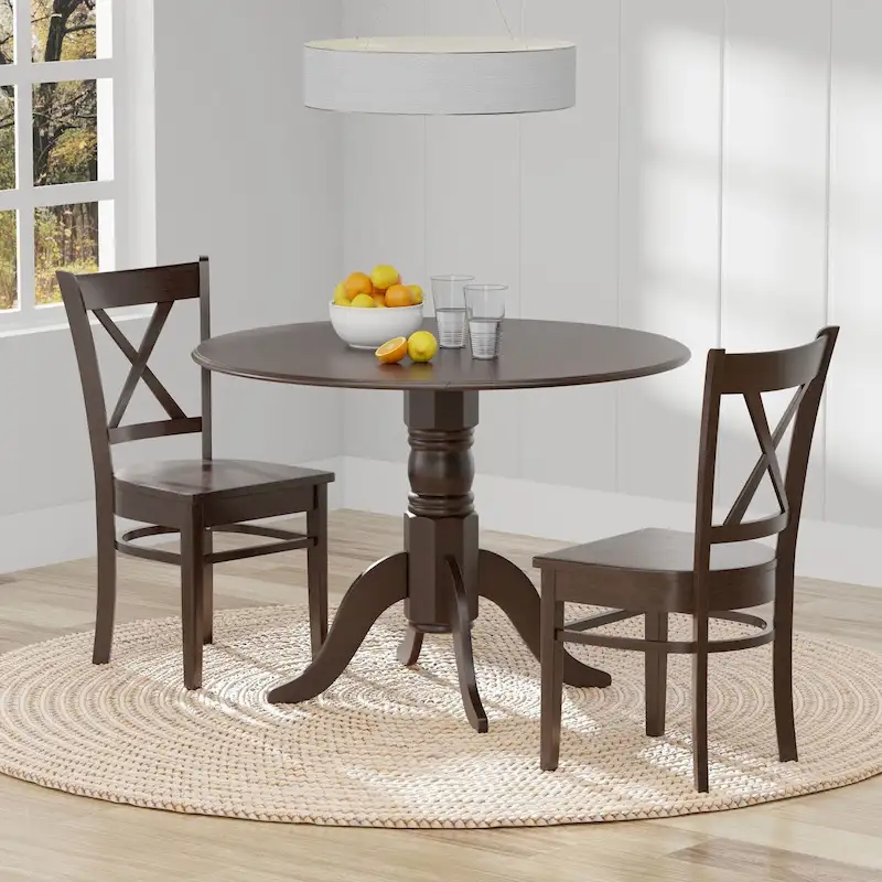3-Piece Dining Set, 42 Round Drop-Leaf Table and Cross Back Chairs