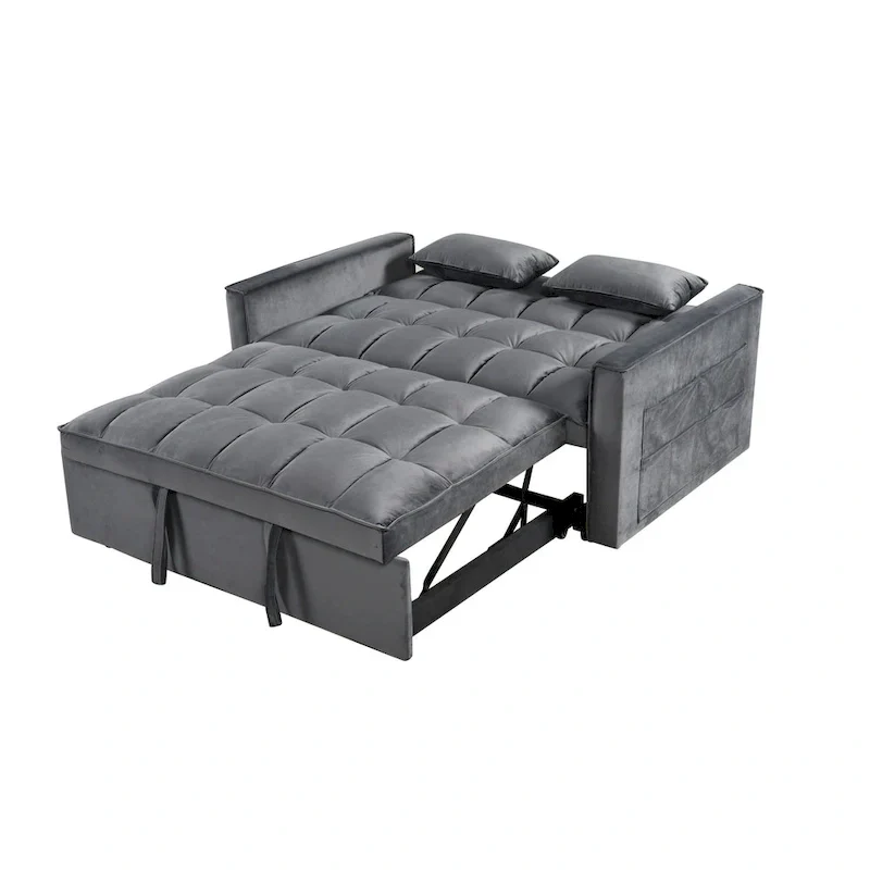 Modern Velvet Loveseat Futon Sofa Couch Pullout Bed, Small Love Seat Lounge Sofa w/Reclining Backrest, Toss Pillows, Pockets