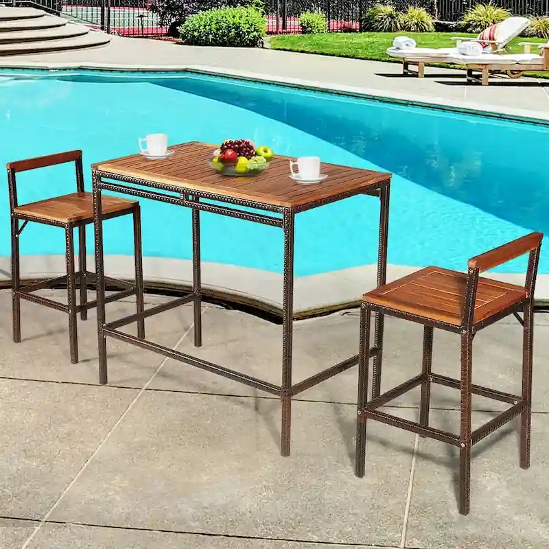 3 PCS Patio Rattan Wicker Bar Dining Furniture Set