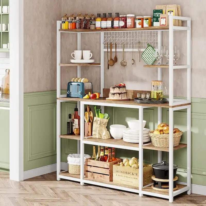 55 Wide Kitchen Hutch Cabinet Microwave Stand with 11 Hooks