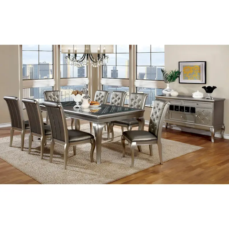 Tily Glam Gold Faux Leather Tufted 9-Piece Dining Table with Leaf Set by Furniture of America