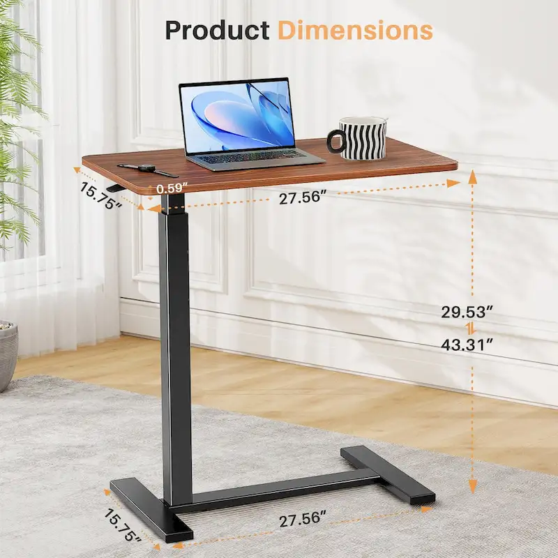 27.56 in. White Laptop Desk with Wheels, Adjustable Height Overbed Bedside Table Mobile Standing Desk