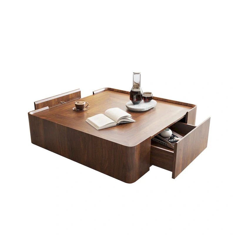 Mid-Century Modern Suqare Wood Finish Coffee Table with Drawers