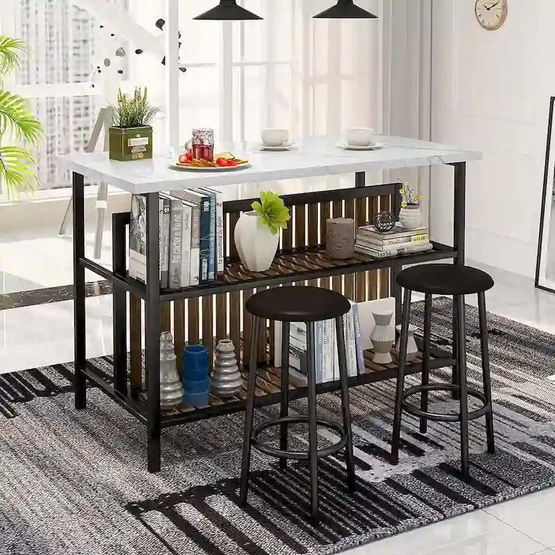 Mieres Kitchen Island with 2 Stools and Open Shelves