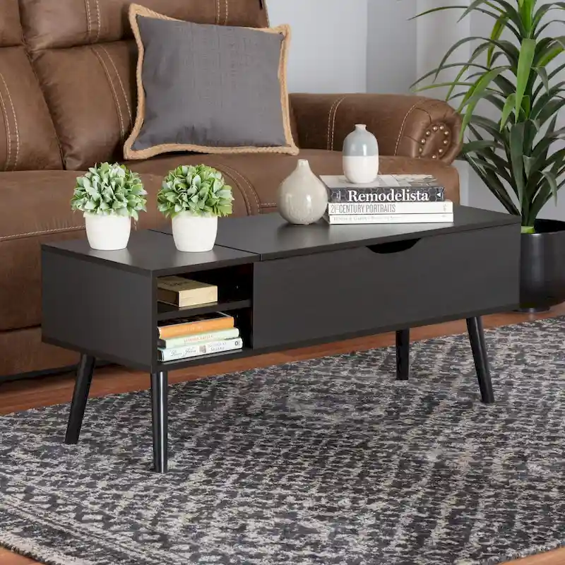 Modern Two-Tone Black and Espresso Brown Finished Wood Coffee Table with Lift-Top Storage Compartment