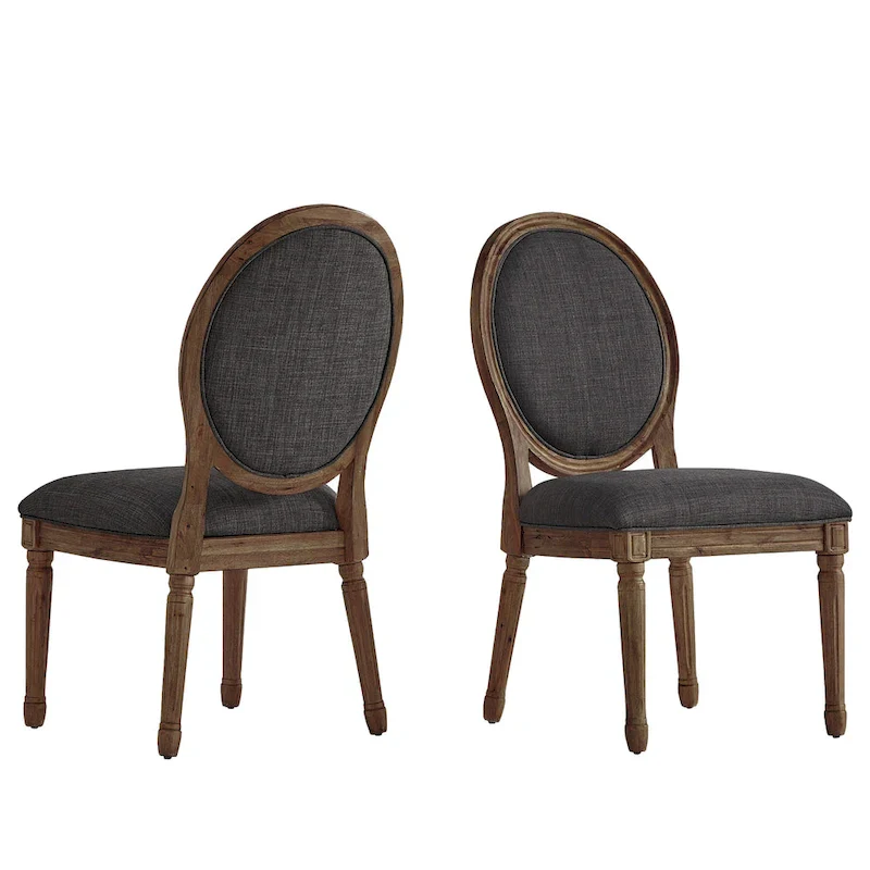 Round Linen and Wood Dining Chairs Set of 2, Artisan Style Upholstered Side Chairs