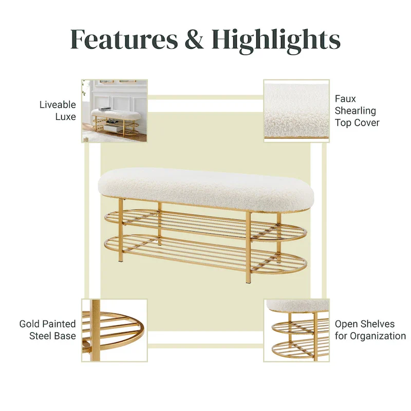 Frisly Shearling Fabric Bench w/ Shelf