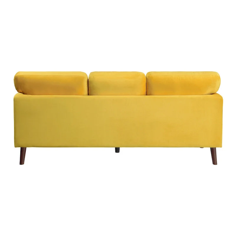 81 Inch Sofa, Yellow Velvet, Reversible Cushions, Dark Brown Wood