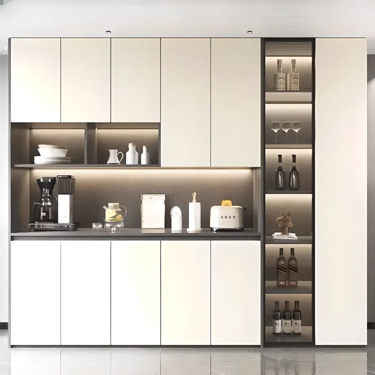 White Rectangular Multi-Shelves Glass Wood Wine Cabinet