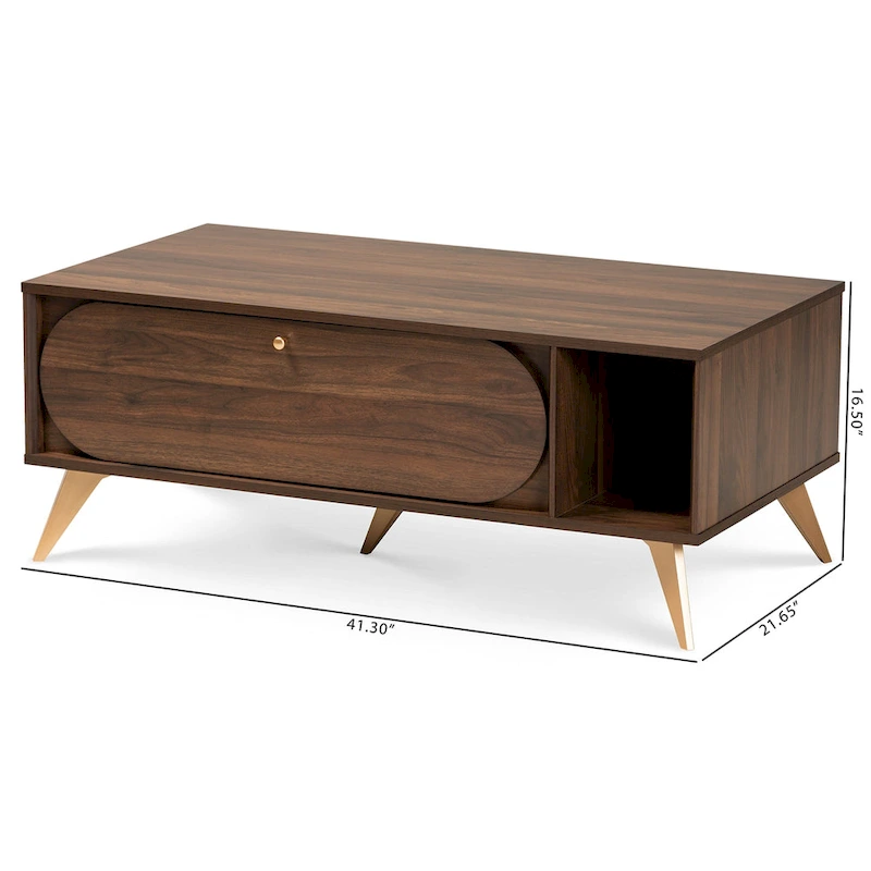Edel Mid-Century Walnut Brown and Gold Finished Wood Coffee Table