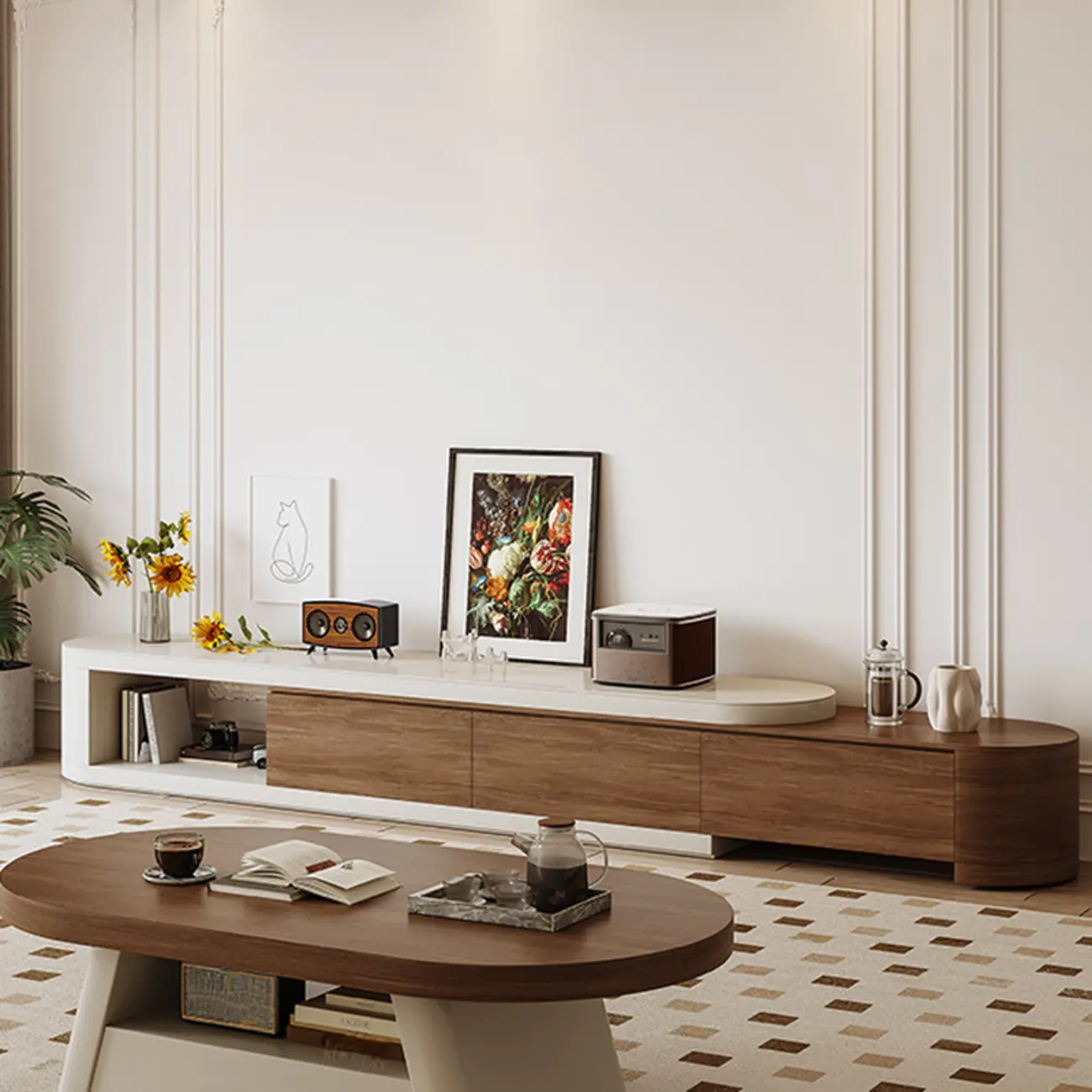 122 Brown Modern Wood Open Storage TV Stand with Drawers