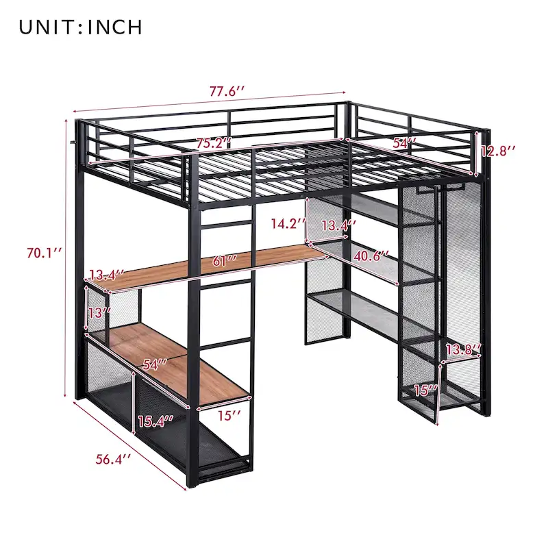 Full Size Metal Loft Bed with Storage Iron Mesh and MDF Shelves and Open Wardrobe